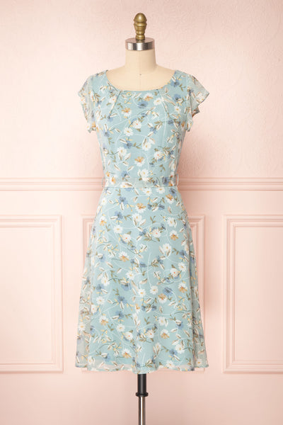 Fuyumi Pastel Blue Floral Short Sleeve Dress | Boutique 1861  front view