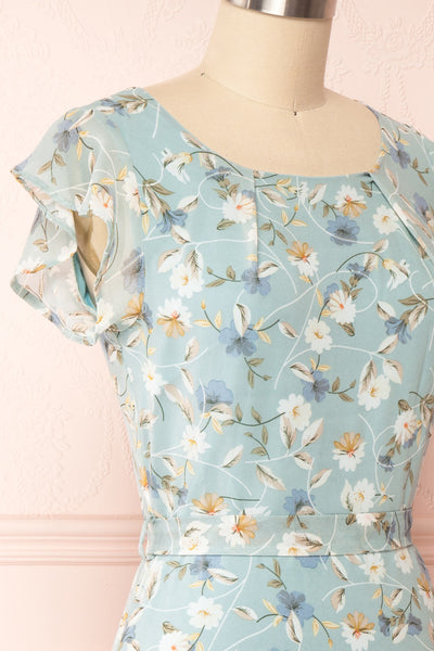 Fuyumi Pastel Blue Floral Short Sleeve Dress | Boutique 1861  side close up