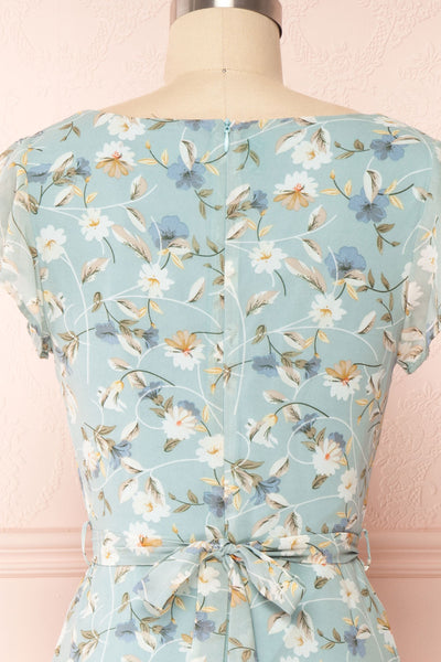 Fuyumi Pastel Blue Floral Short Sleeve Dress | Boutique 1861  back close up
