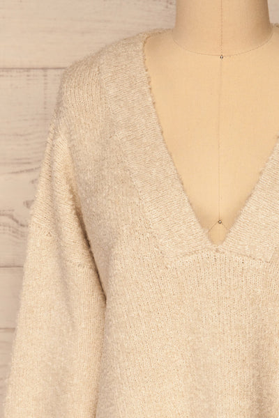 Gaand Beige V-Neck Knit Sweater | La petite garçonne front close-up
