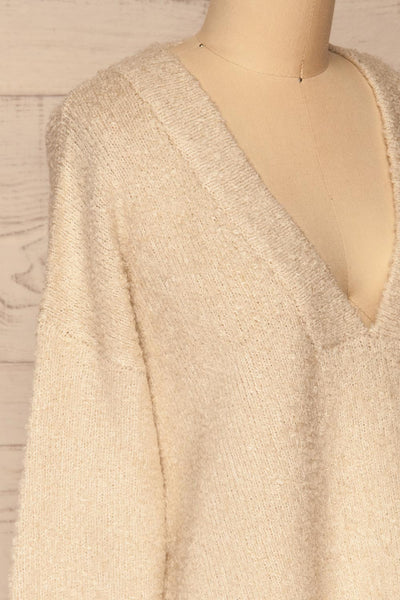 Gaand Beige V-Neck Knit Sweater | La petite garçonne side close-up