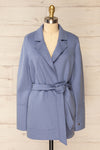 Gabby Blue Mid-Length Wool Coat w/ Belt | La petite garçonne no collar view