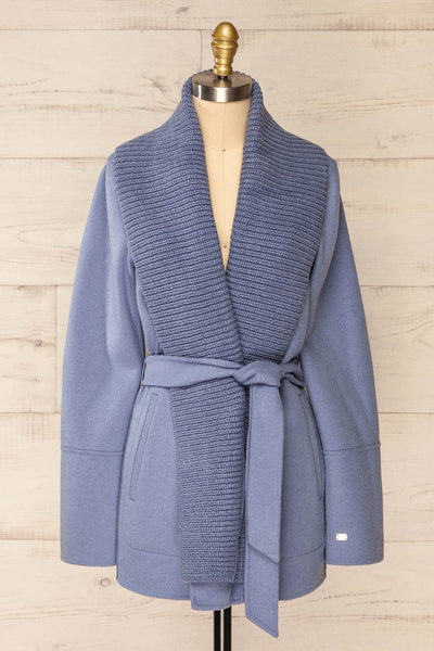 Gabby Blue Mid-Length Wool Coat w/ Belt | La petite garçonne front view