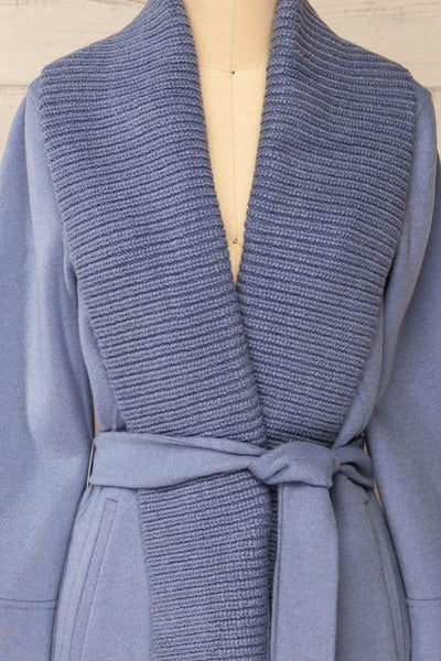Gabby Blue Mid-Length Wool Coat w/ Belt | La petite garçonne front close-up