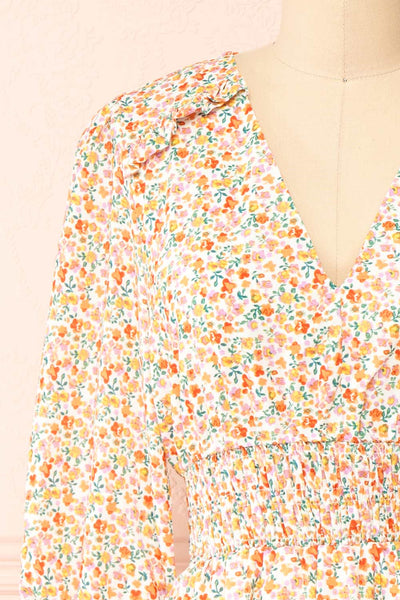 Gabriella Short Floral Dress w/ 3/4 Sleeves | Boutique 1861 front close-up