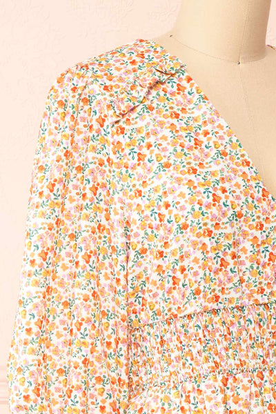 Gabriella Short Floral Dress w/ 3/4 Sleeves | Boutique 1861 side close-up