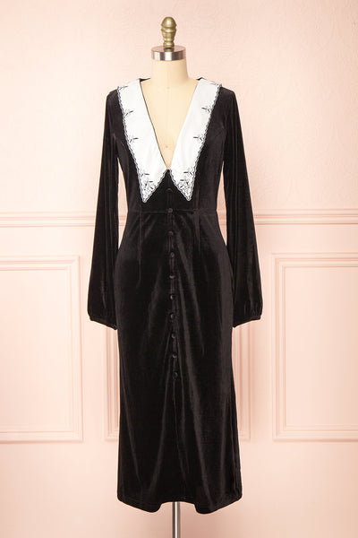 Gabrielle Chelsea Collar Fitted Velvet Midi Dress | La petite garçonne front view