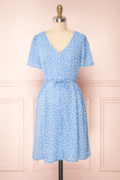 Gaby Blue Patterned Buttoned Midi Dress | Boutique 1861 front view