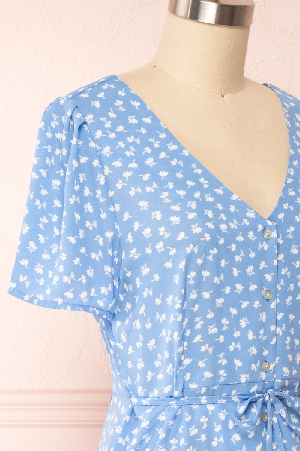 Gaby Blue Patterned Buttoned Midi Dress | Boutique 1861 side close up