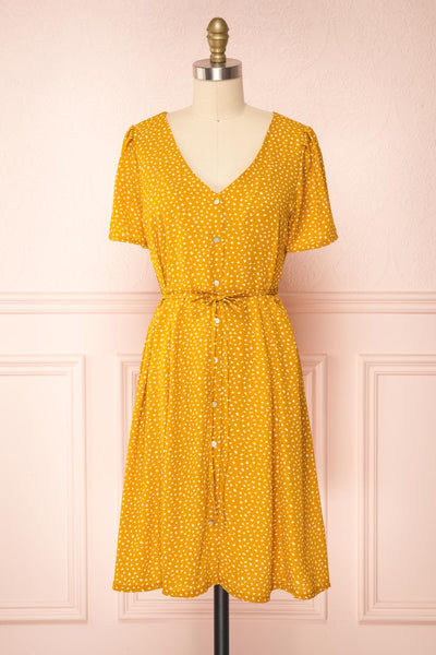 Gaby Mustard Patterned Buttoned Midi Dress | Boutique 1861 front view
