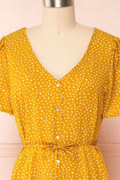 Gaby Mustard Patterned Buttoned Midi Dress | Boutique 1861 front close up