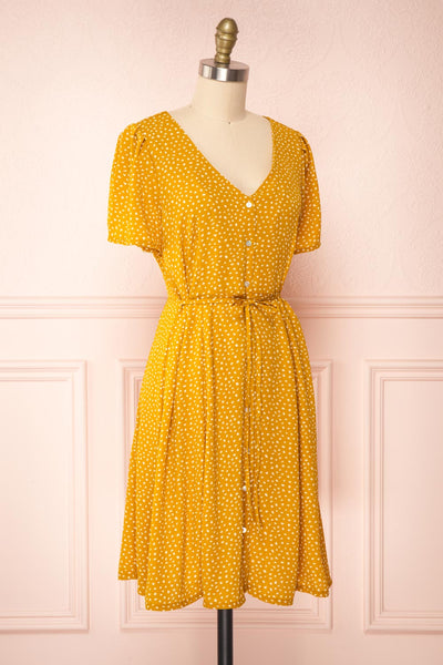 Gaby Mustard Patterned Buttoned Midi Dress | Boutique 1861 side view