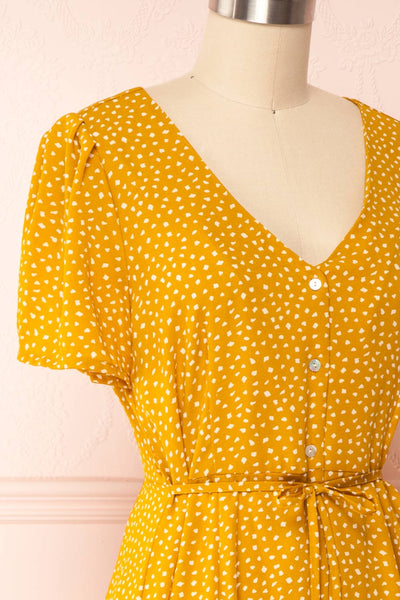 Gaby Mustard Patterned Buttoned Midi Dress | Boutique 1861 side close up