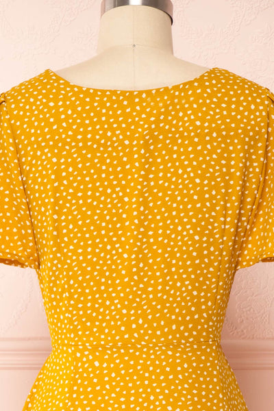 Gaby Mustard Patterned Buttoned Midi Dress | Boutique 1861 back close up