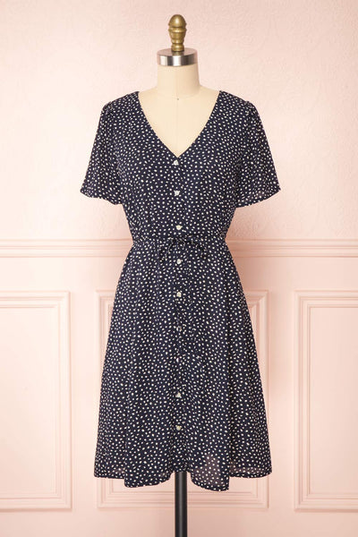 Gaby Navy Patterned Buttoned Midi Dress | Boutique 1861 front view