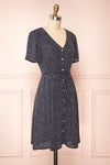 Gaby Navy Patterned Buttoned Midi Dress | Boutique 1861 side view