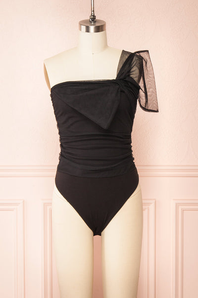 Gaelle Black One-Shoulder Tulle Bodysuit | Boutique 1861 front view
