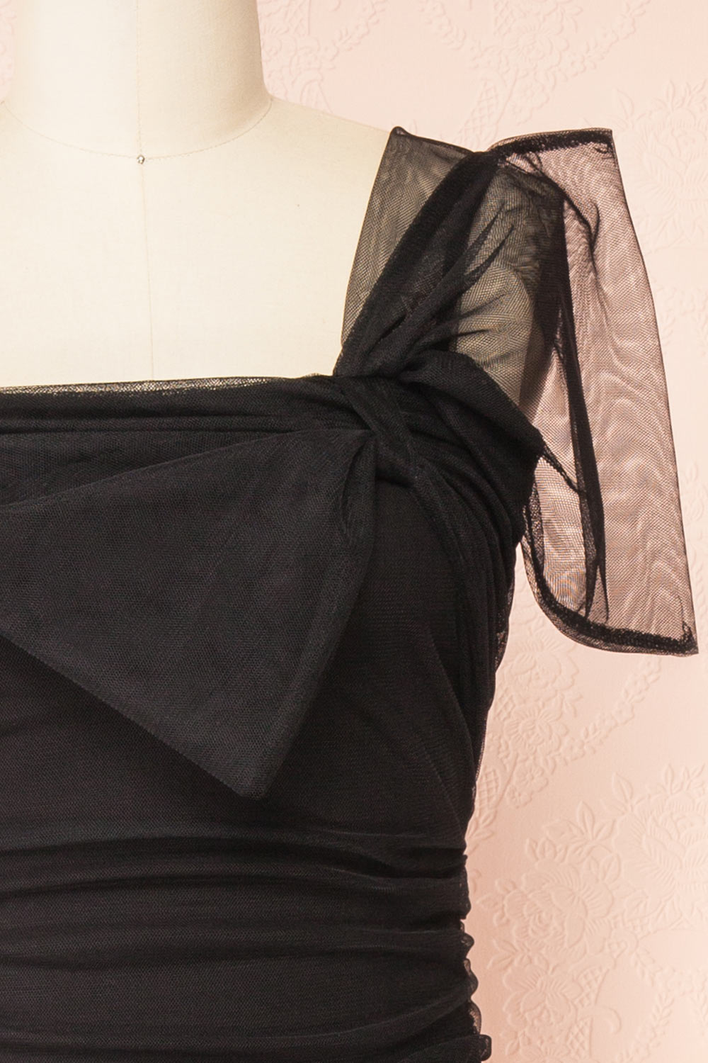 Gaelle Black One-Shoulder Tulle Bodysuit | Boutique 1861 front close-up