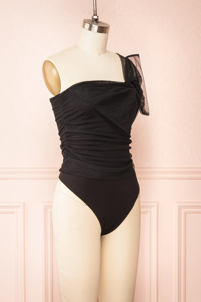 Gaelle Black One-Shoulder Tulle Bodysuit | Boutique 1861 side view