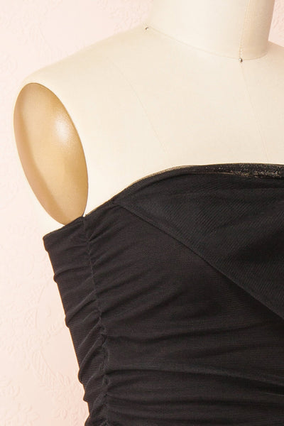 Gaelle Black One-Shoulder Tulle Bodysuit | Boutique 1861 side close-up