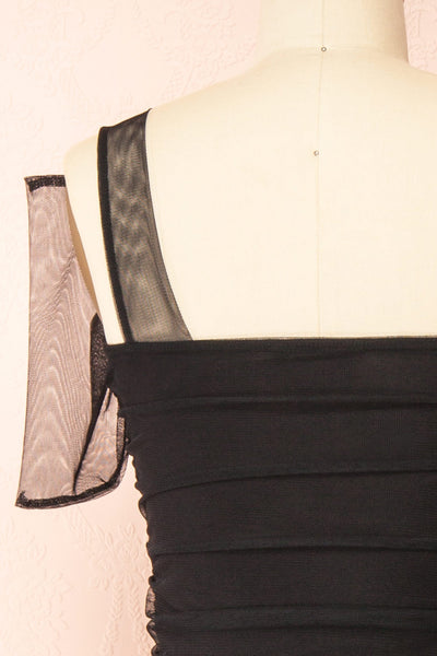 Gaelle Black One-Shoulder Tulle Bodysuit | Boutique 1861 back close-up
