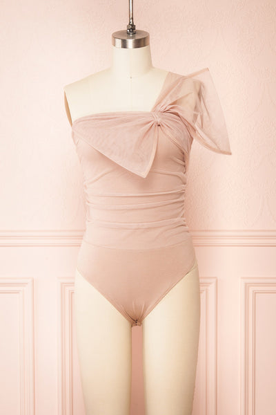 Gaelle Blush One-Shoulder Tulle Bodysuit | Boutique 1861 front view