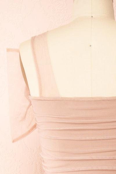 Gaelle Blush One-Shoulder Tulle Bodysuit | Boutique 1861 back close-up