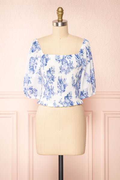 Gaia White and Blue Floral Puffy Sleeve Crop Top | Boutique 1861 front view
