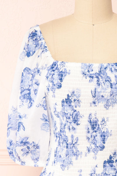 Gaia White and Blue Floral Puffy Sleeve Crop Top | Boutique 1861 front close-up