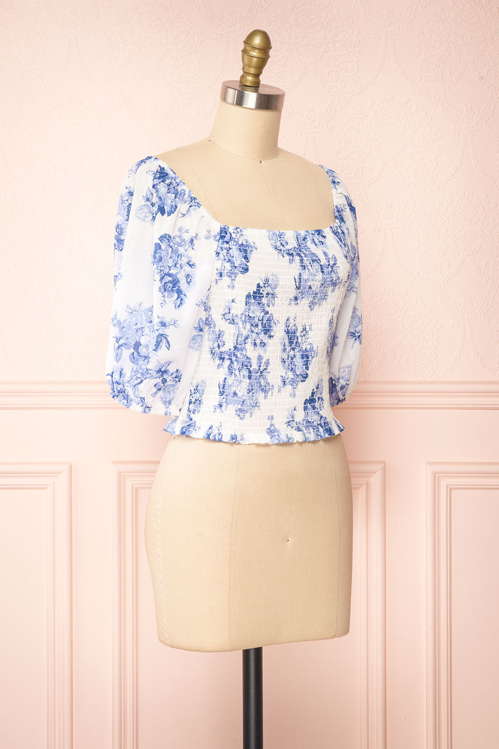Gaia White and Blue Floral Puffy Sleeve Crop Top | Boutique 1861 side view 
