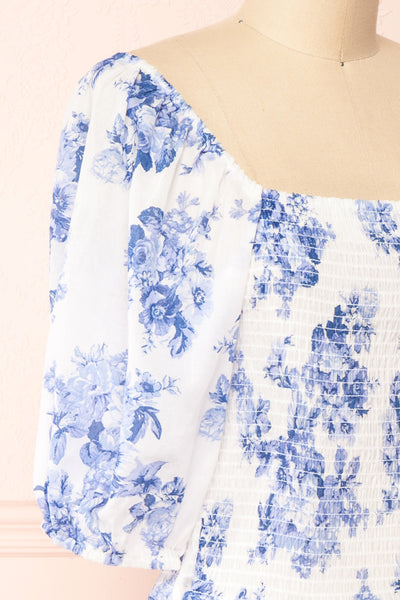 Gaia White and Blue Floral Puffy Sleeve Crop Top | Boutique 1861 side close-up