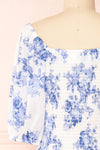 Gaia White and Blue Floral Puffy Sleeve Crop Top | Boutique 1861 back close-up