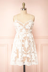 Ganna Short White Mesh Dress w/ Floral Embroidery | Boutique 1861 front view