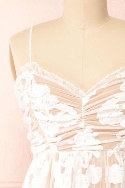 Ganna Short White Mesh Dress w/ Floral Embroidery | Boutique 1861 front close-up