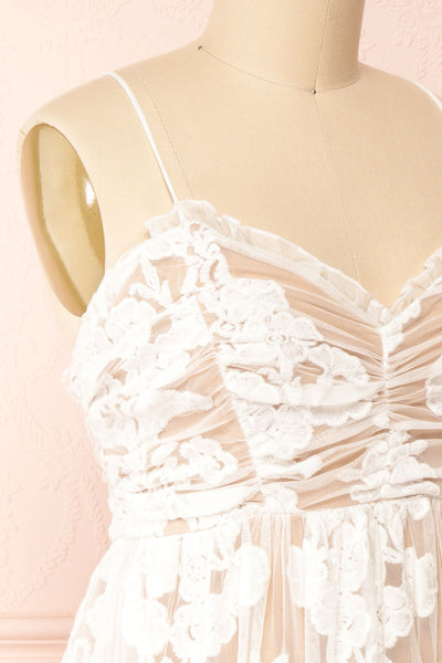 Ganna Short White Mesh Dress w/ Floral Embroidery | Boutique 1861 side close-up
