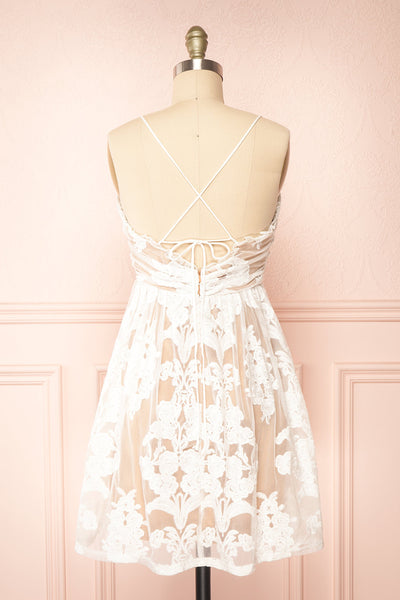 Ganna Short White Mesh Dress w/ Floral Embroidery | Boutique 1861 back view