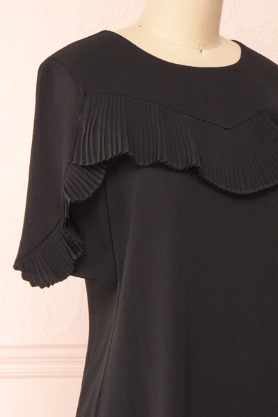 Ganymedes Black Pleated Frills Short Dress | Boutique 1861 side close-up