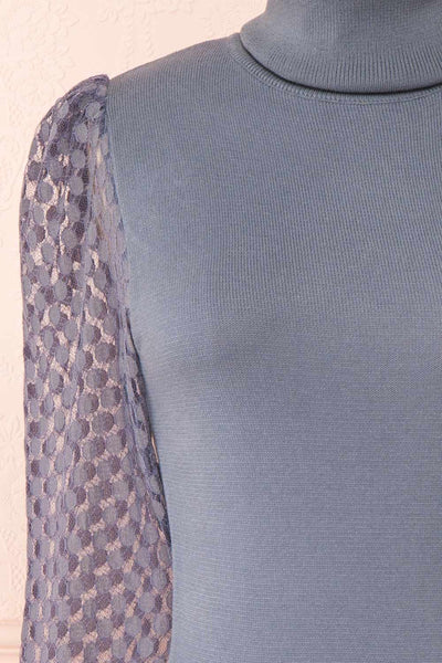 Garbi Blue Long Sleeve Turtleneck Top | Boutique 1861 front close-up