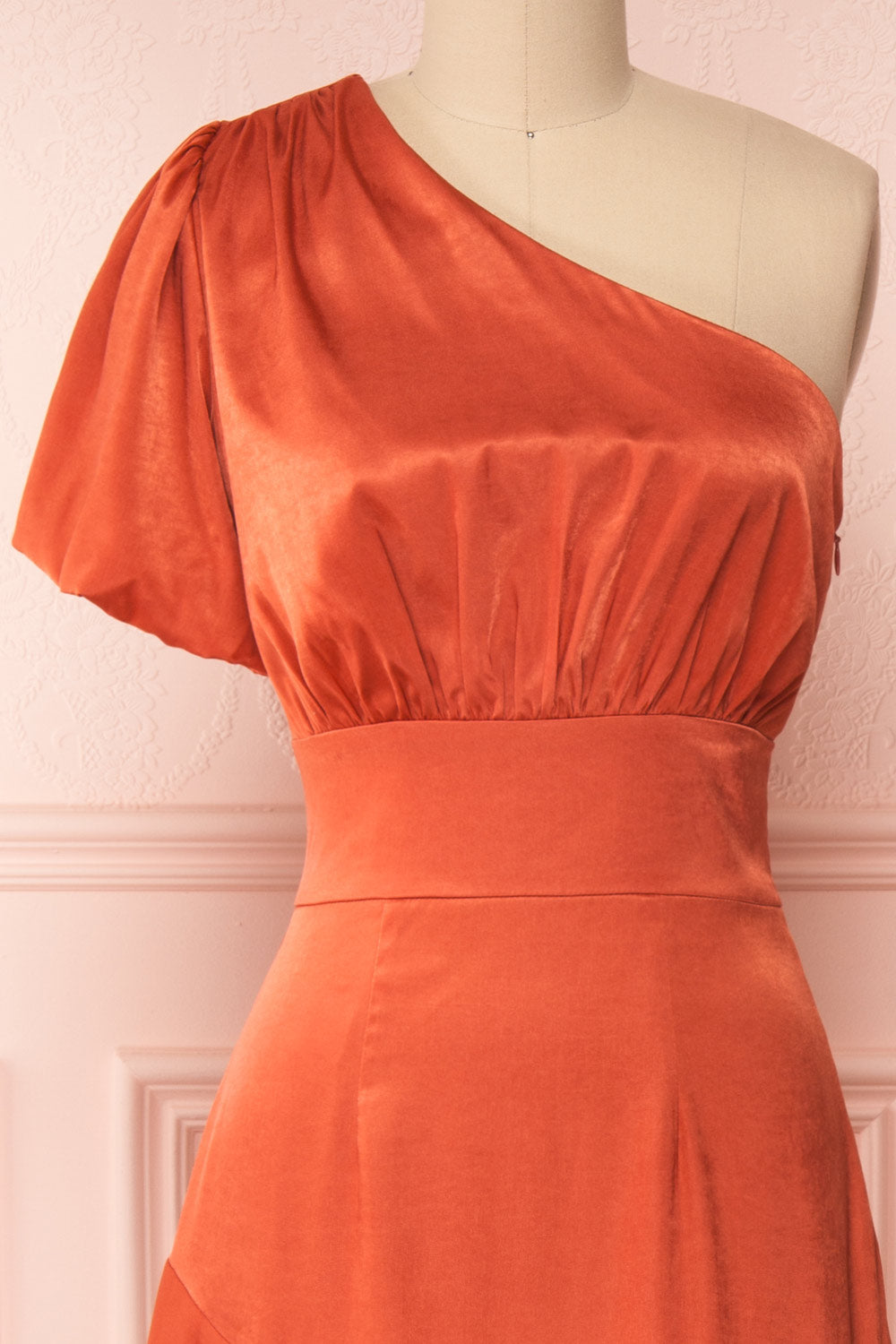 Garuda Burnt Orange One Shoulder Midi Dress | Boutique 1861 front close-up