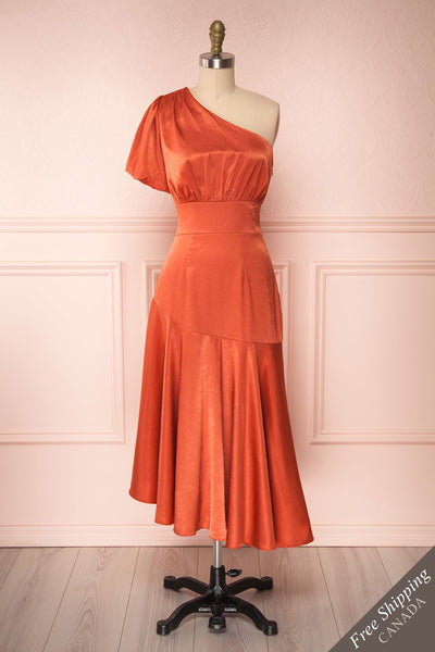 Garuda Burnt Orange One Shoulder Midi Dress | Boutique 1861