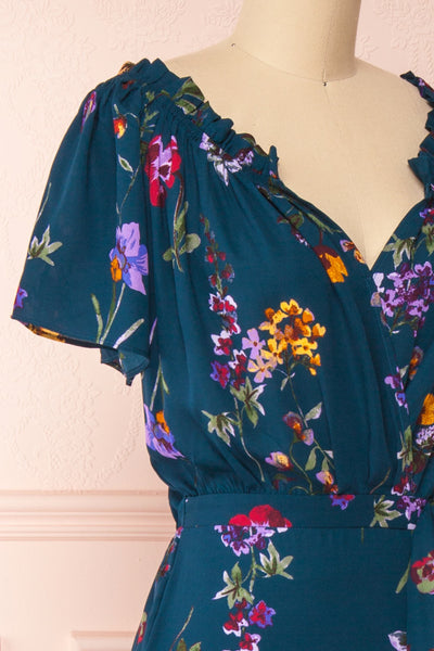 Gayatrie Emerald Floral Short Sleeve Dress | Boutique 1861 side close-up