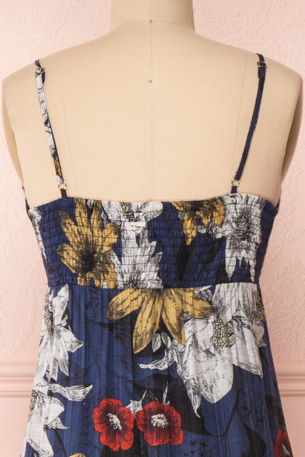 Genoise Navy Floral A-Line Midi Dress | Boutique 1861 back close-up