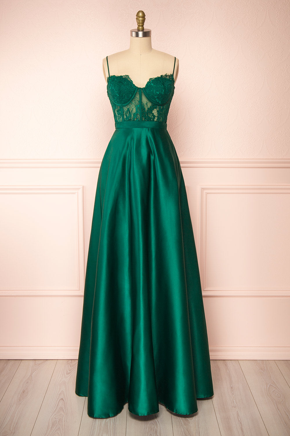 Geraldine Emerald Lace Bustier Maxi Dress | Boutique 1861 front view