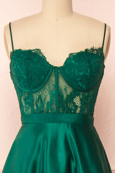 Geraldine Emerald Lace Bustier Maxi Dress | Boutique 1861 front close-up