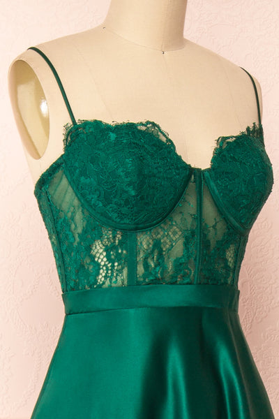 Geraldine Emerald Lace Bustier Maxi Dress | Boutique 1861 side close-up