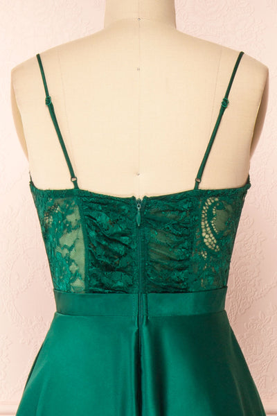 Geraldine Emerald Lace Bustier Maxi Dress | Boutique 1861 back close-up