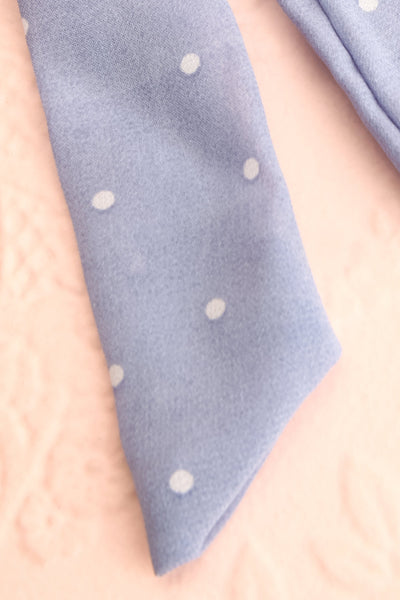 Geriko Bleu Blue Polka Dot Hair Scrunchie with Bow ribbon close-up | Boutique 1861