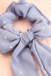 Geriko Bleu Blue Polka Dot Hair Scrunchie with Bow close-up | Boutique 1861