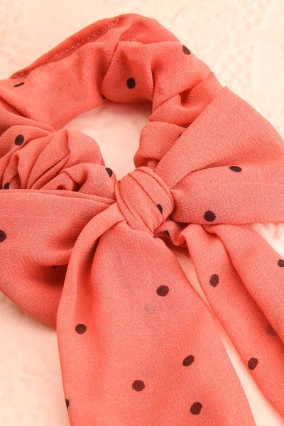 Geriko Corail Coral Polka Dot Hair Scrunchie with Bow close-up | Boutique 1861
