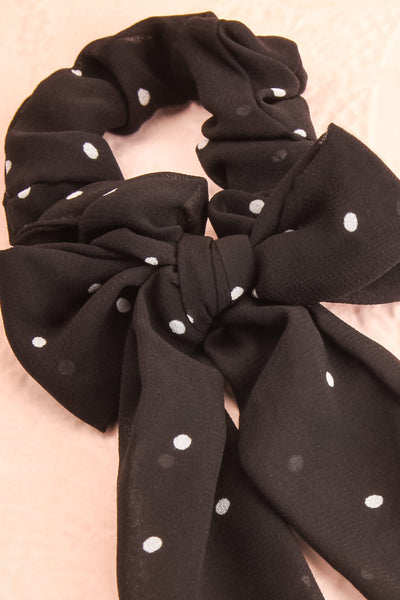 Geriko Noir Black Polka Dot Hair Scrunchie with Bow close-up | Boutique 1861